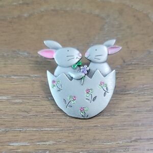 Silver tone Bunny in Egg Brooch with Pink and Green Accents